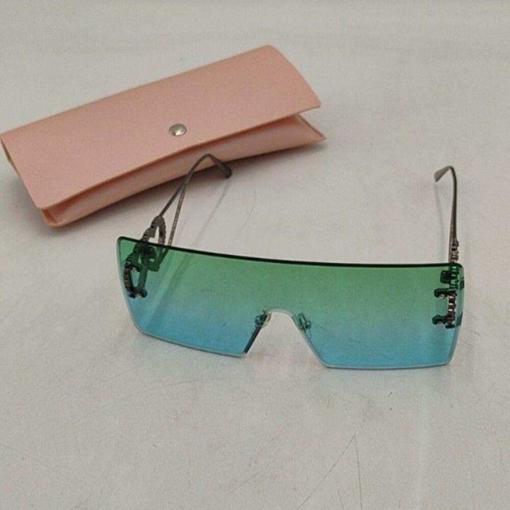 Shield Sunglasses Womens Silver Rimless Heart Frame Green Blue Gradient Lens